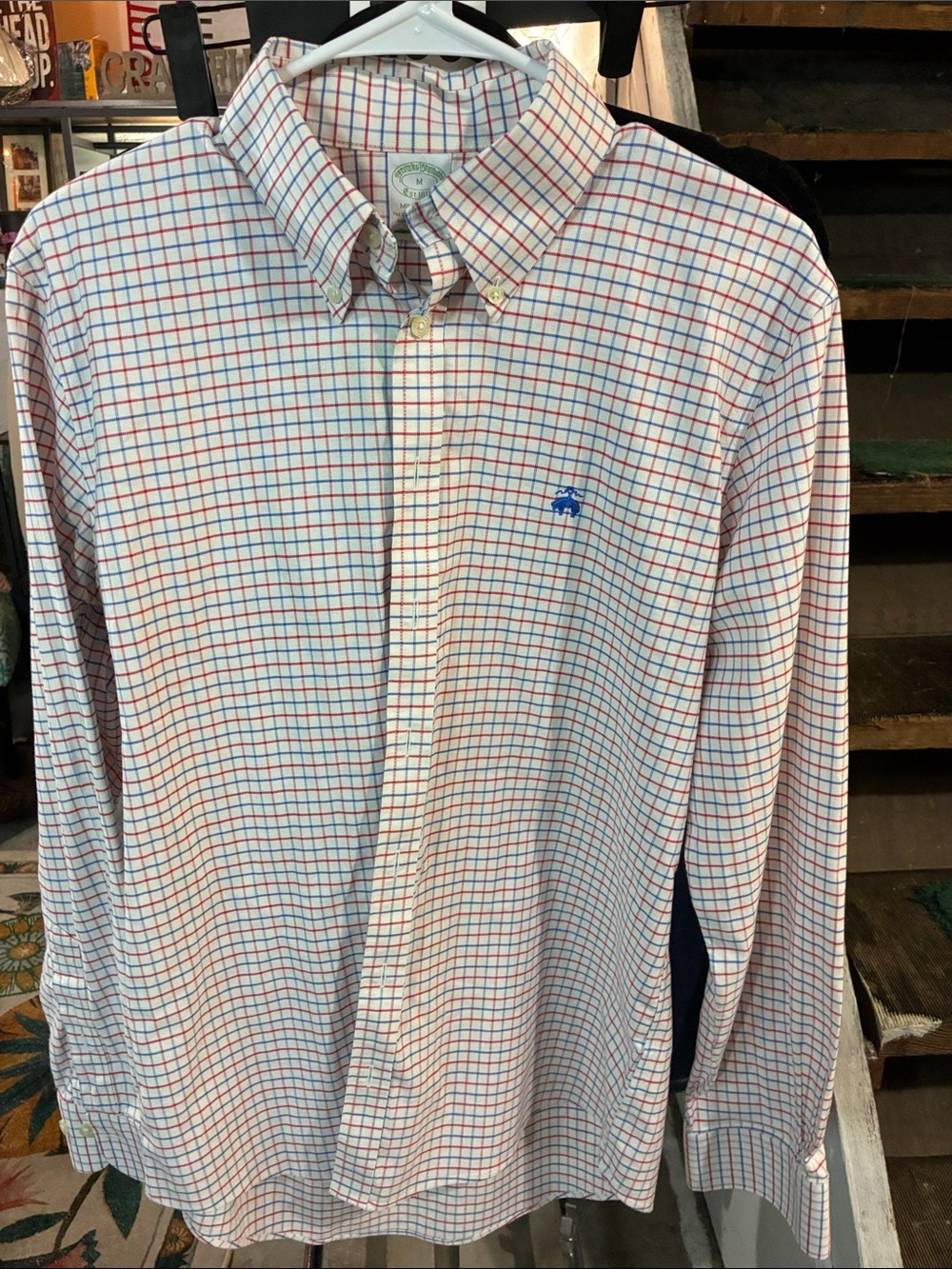 Brooks Brothers Men's White Multi-Check Button-Down Shirt Milano Fit Medium